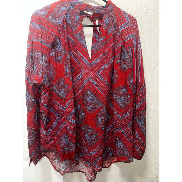Free People Vibrant Red and Blue Patterned Long Sleeve Top - Picture 1 of 5